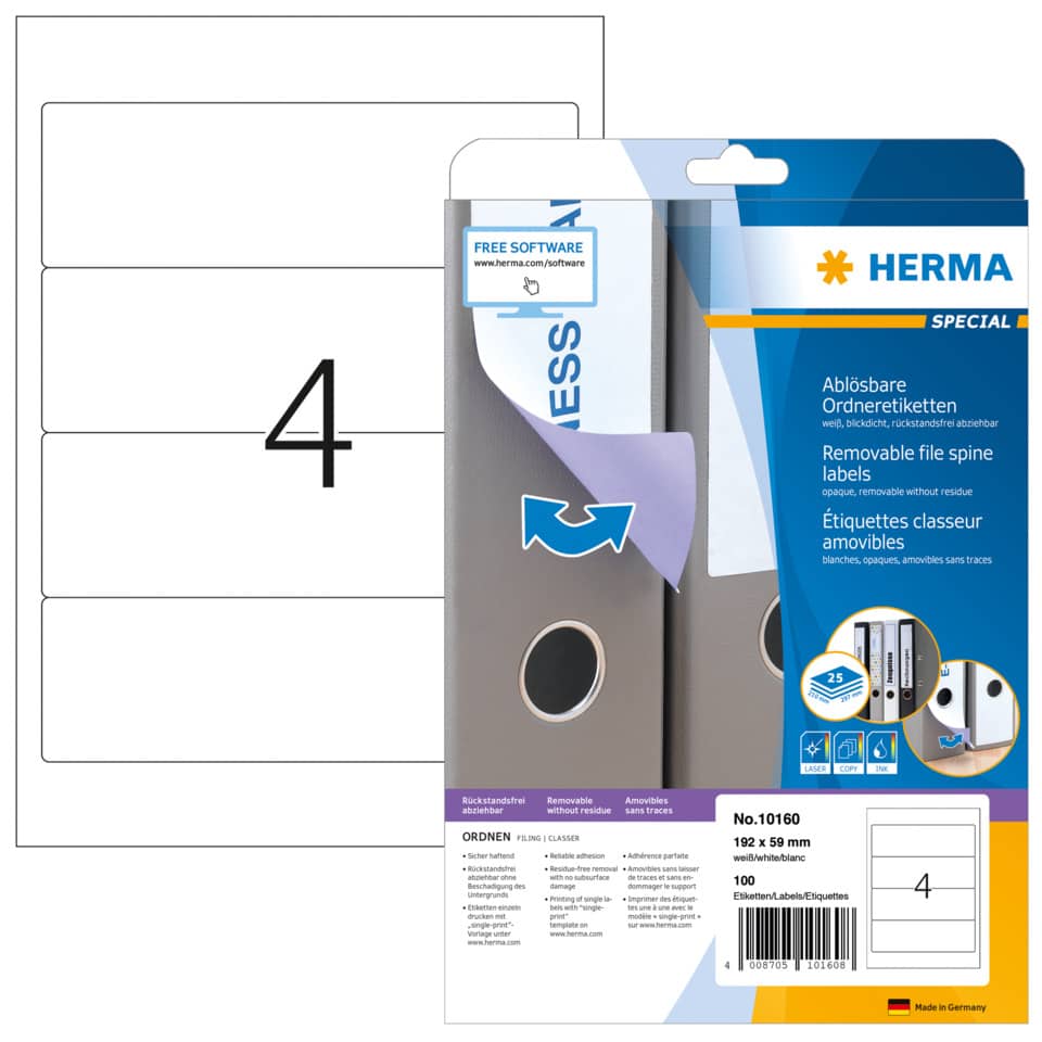 Ordnerrückenschild ablösbar, 59 x 192 mm, breit/kurz, 100 Stück, weiß HERMA 10160 HERMA 10160 breit/kurz ablösbar 100 St
