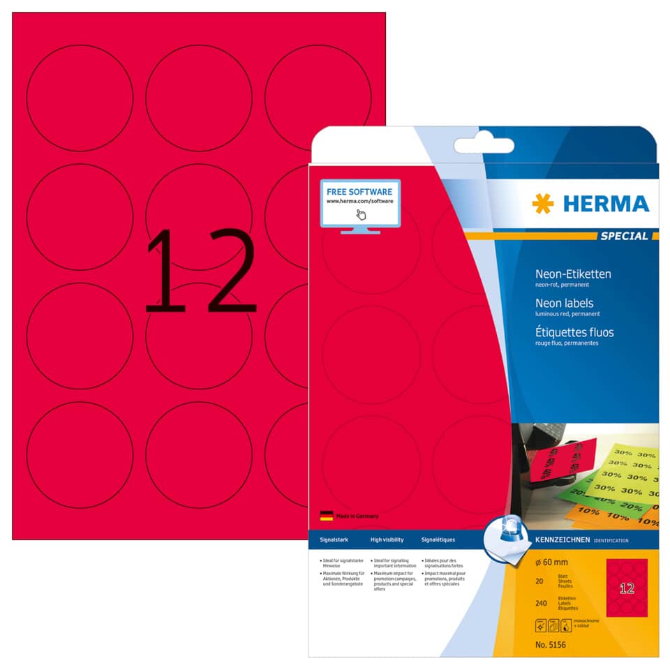 Neonetiketten permanent, Ø60mm, 240 Stück leuchtrot HERMA 5156 HERMA 5156  240 Stück permanent haftend