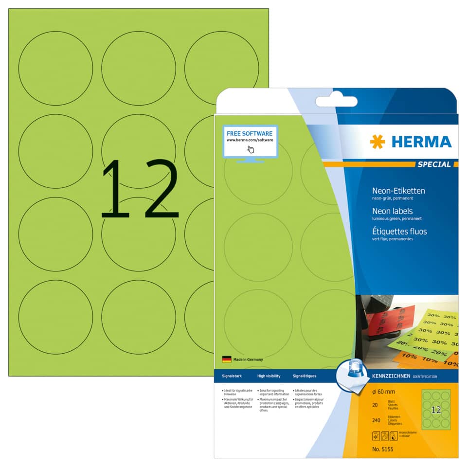 Neonetiketten permanent, Ø60mm, 240 Stück leuchtgrün HERMA 5155 HERMA 5155  240 Stück permanent haftend