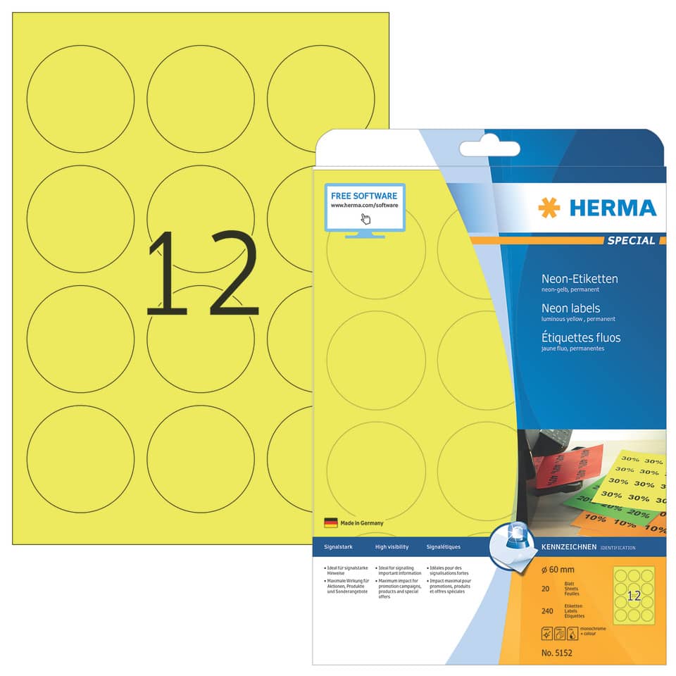 Neonetiketten permanent, Ø60mm, 240 Stück leuchtgelb HERMA 5152 HERMA 5152  300 Stück