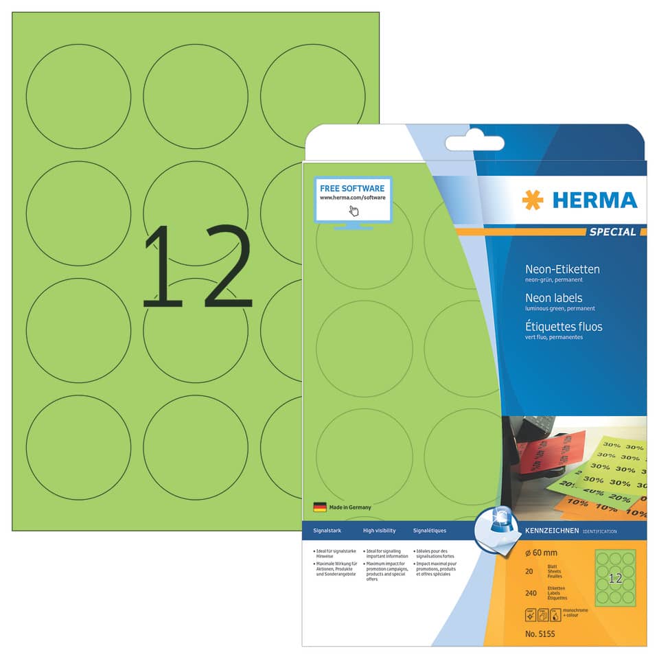 Neonetiketten permanent, Ø60mm, 240 Stück leuchtgrün HERMA 5155 HERMA 5155  240 Stück permanent haftend