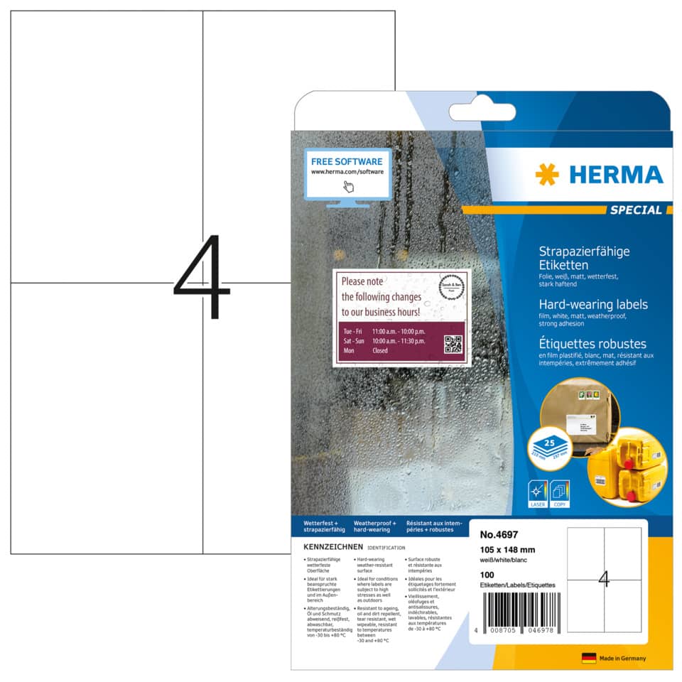 Folienetiketten stark haftend, 105x148mm, wetterfest, 100 Stück, weiß HERMA 4697 HERMA 4697   105lmm 1
