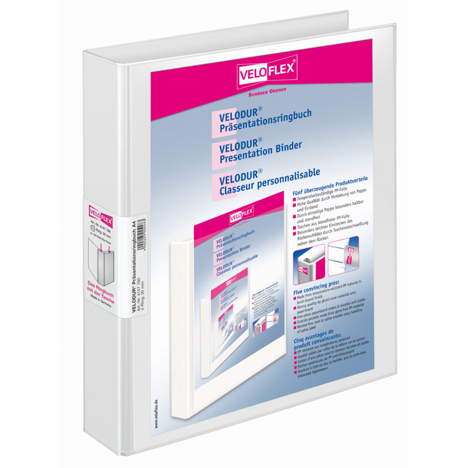 Präsentationsringbuch Velodur, DIN A4 Überbreite, 2 Außentaschen, 2-D-Ring-Mechanik Ø 30 mm, Rückenbreite 40 mm, PP-Folie, weiß VELOFLEX 4147 190 VELOFLEX 4147190 Velodur