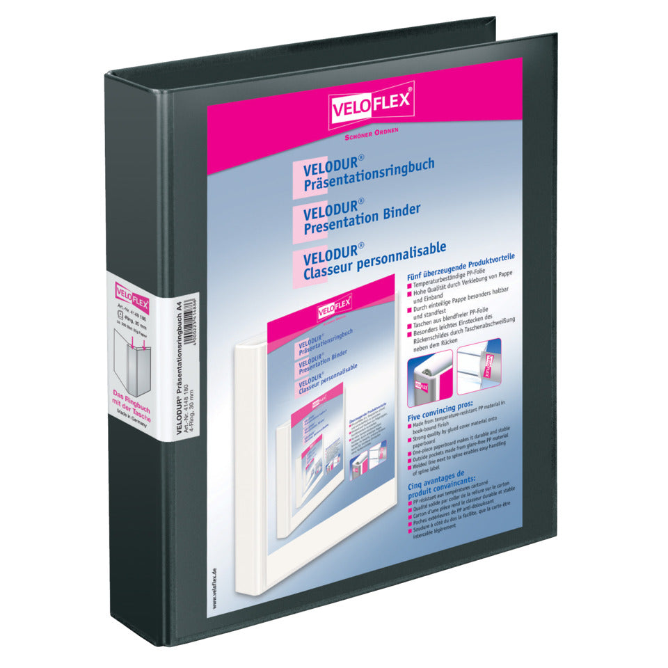 Ringbuch Velodur A4 4 R 30 mm   schwarz VELOFLEX 4148 180