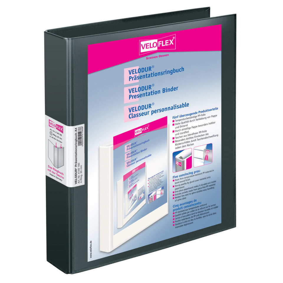 Ringbuch Velodur A4 4 R 30 mm   schwarz VELOFLEX 4148 180