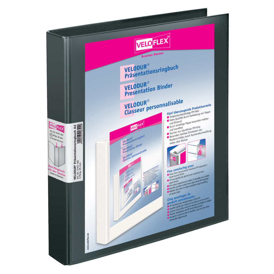 Ringbuch Velodur®, A4, 4-Ring, 25mm, schwarz VELOFLEX 4143 180 VELOFLEX 4143 180 A4/4R/25mm