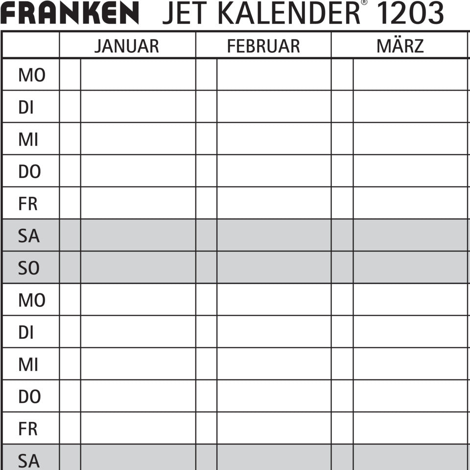 Jahresplaner JetKalender, Planungstafel, 12 Monate, 1200 x 900 mm, hellgrau FRANKEN JK1203