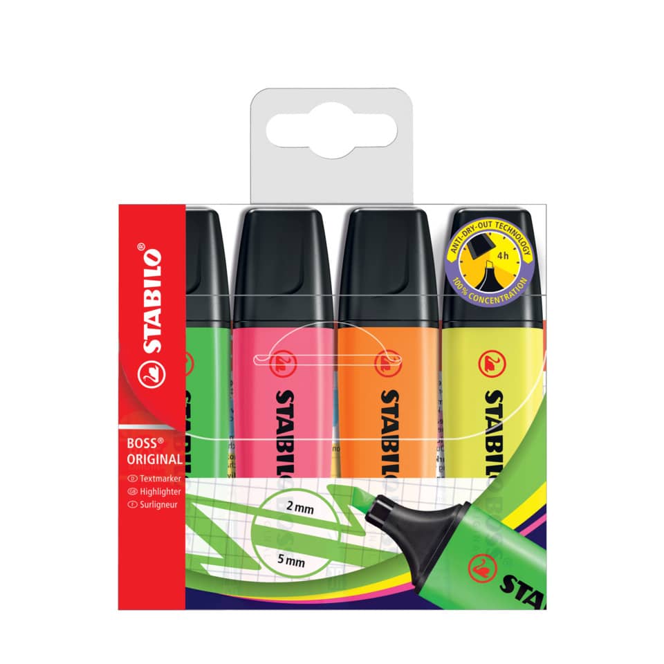 Textmarker BOSS® ORIGINAL, 2-5mm, 4 Stück, sortiert STABILO 70/4 STABILO 70/4 Blister