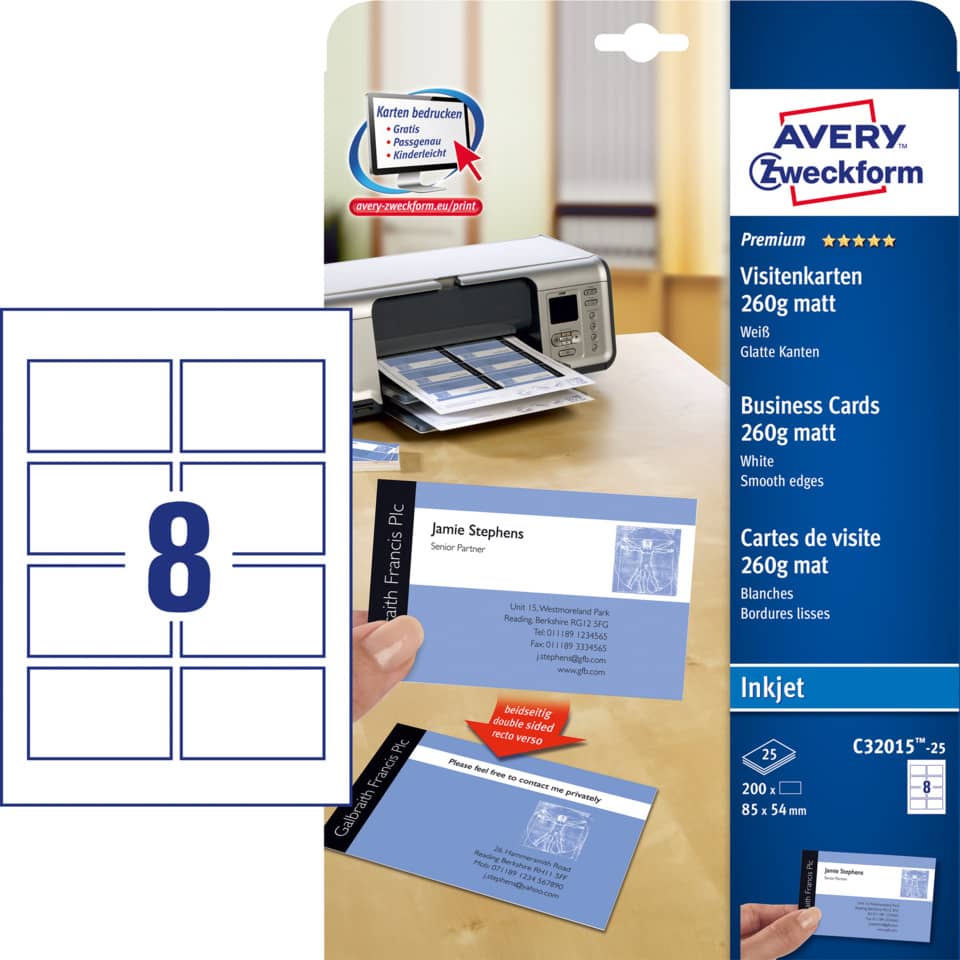 Visitenkarten Premium, 85x54mm, 260g/m², 200 Stück, weiß AVERY ZWECKFORM C32015-25 ZWECKFORM C32015-25 85x54mm 260g