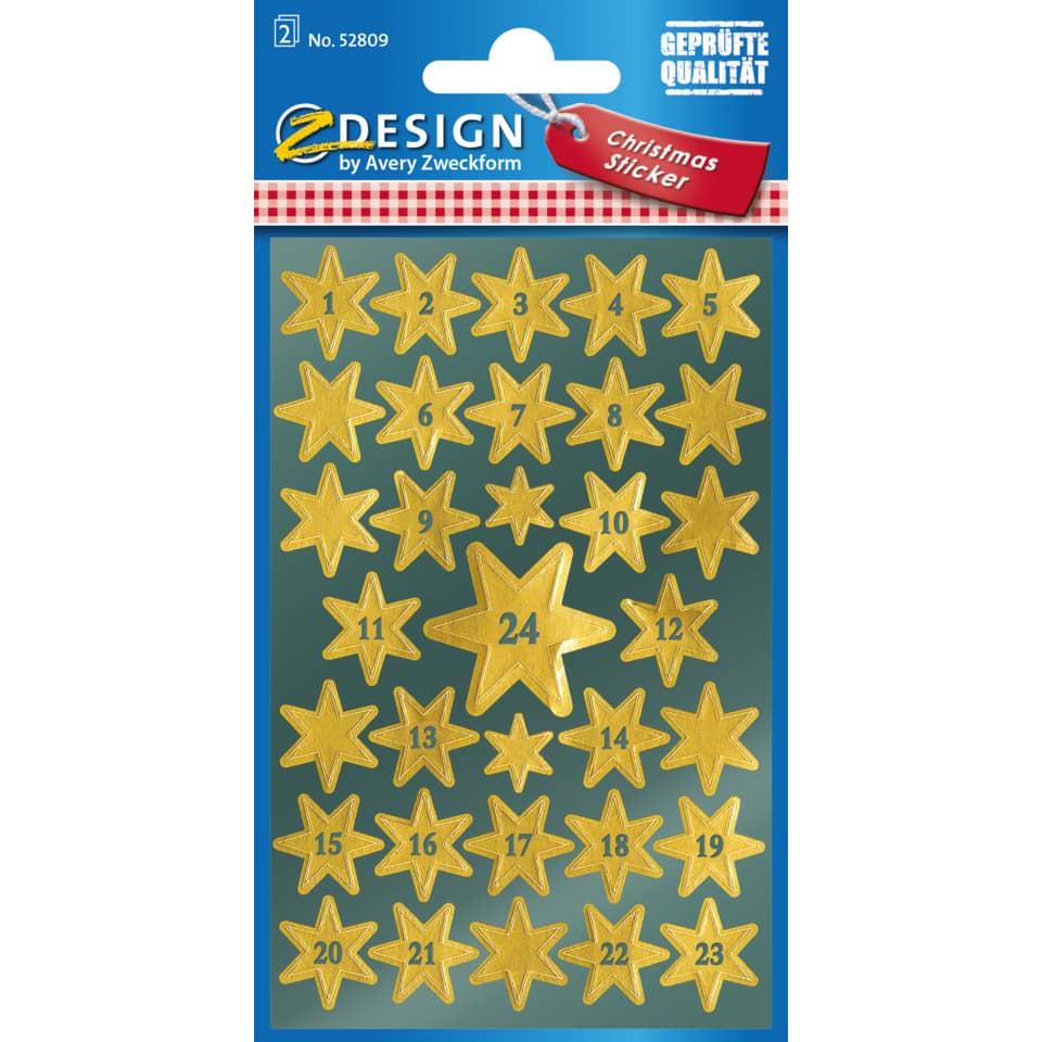 Weihnachtssticker Sterne mit Zahl 1-24, 33 Stück AVERY ZWECKFORM 52809 ZWECKFORM 52809 mit Zahl 1-24