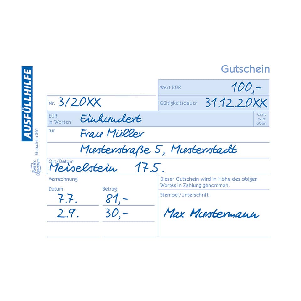 Gutscheinheft, A6 quer, Blaupapier, 2x50 Blatt AVERY ZWECKFORM 361