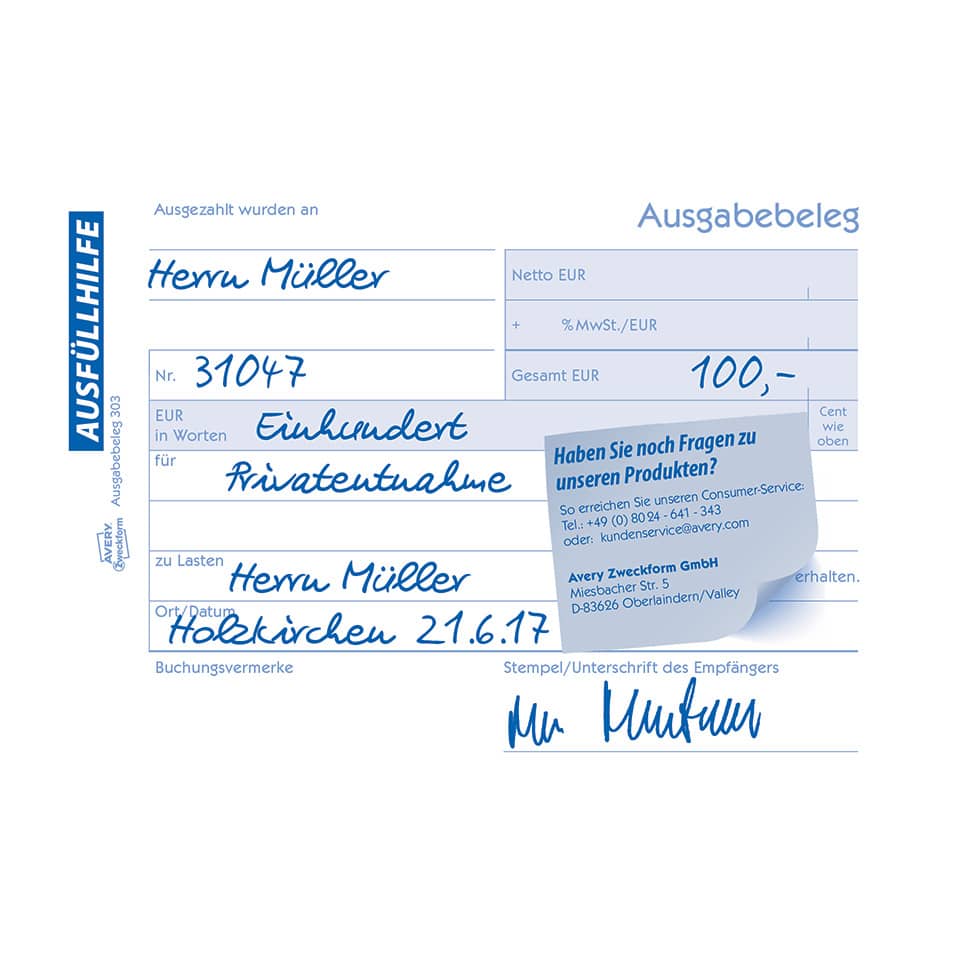 Ausgabebeleg mit Dokumentendruck, A6 quer, gelb, 50 Blatt AVERY ZWECKFORM 303 ZWECKFORM 303 A6q/50Bl