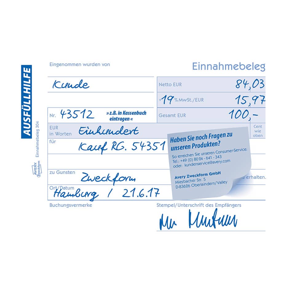 Einnahmebeleg, A6 quer, 50 Blatt, grün AVERY ZWECKFORM 304