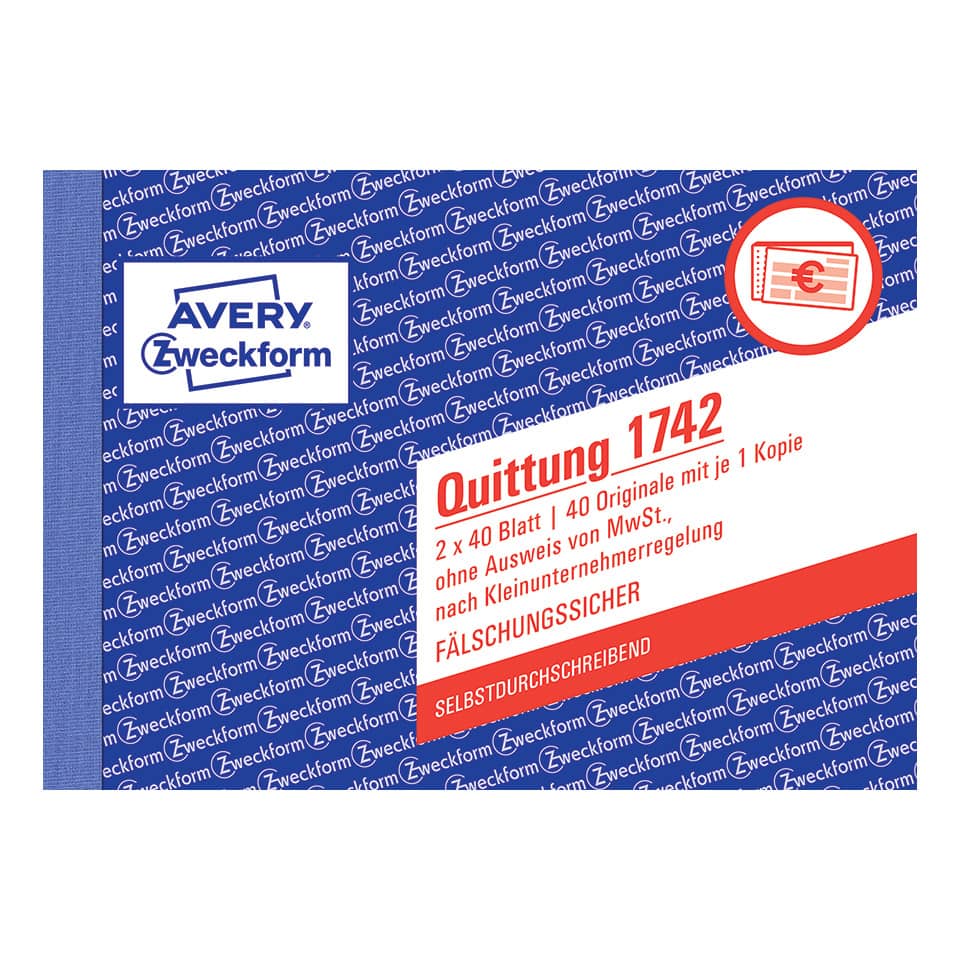 Quittung Kleinunternehmer ohne MwSt., A6 quer, selbstdurchschreibend, 2x40 Blatt AVERY ZWECKFORM 1742 ZWECKFORM 1742 o.Mwst Nachw.