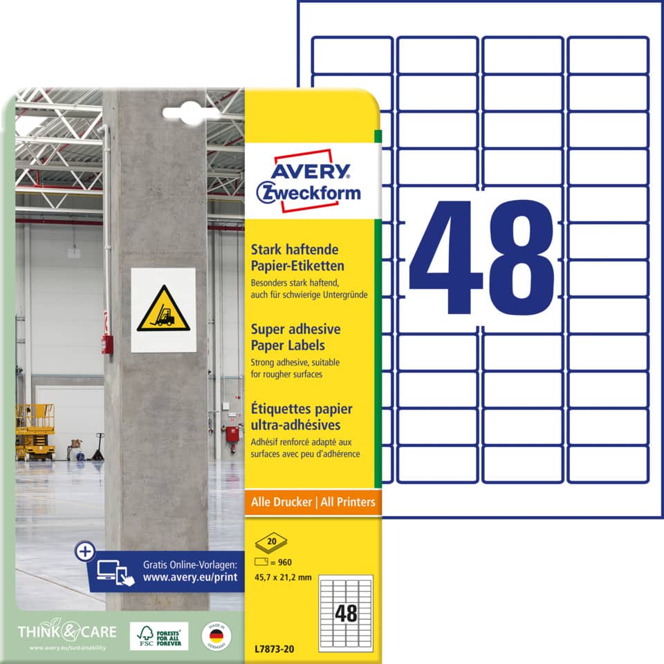 Universaletiketten stark haftend, 45,7x21,2mm, 960 Stück, weiß AVERY ZWECKFORM L7873-20