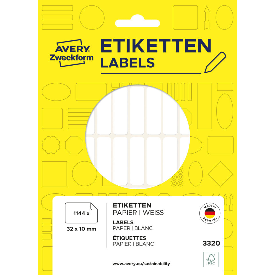 Vielzwecketiketten, 32x10mm, 1144 Stück, weiß AVERY ZWECKFORM 3320