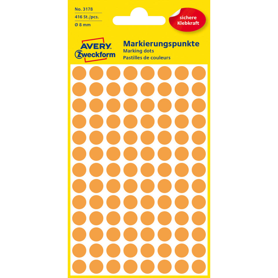 Markierungspunkte, Ø8mm, 416 Stück, neonorange AVERY ZWECKFORM 3178 ZWECKFORM 3178 permanent haftend