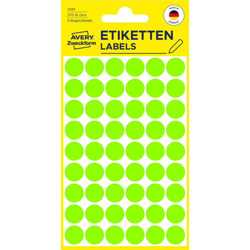 Markierungspunkte, Ø12mm, 270 Stück, leuchtgrün AVERY ZWECKFORM 3149 ZWECKFORM 3149 permanent haftend