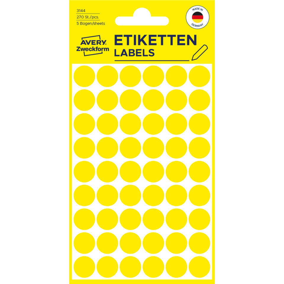 Markierungspunkte, Ø12mm, 270 Stück, gelb AVERY ZWECKFORM 3144 ZWECKFORM 3144 permanent haftend