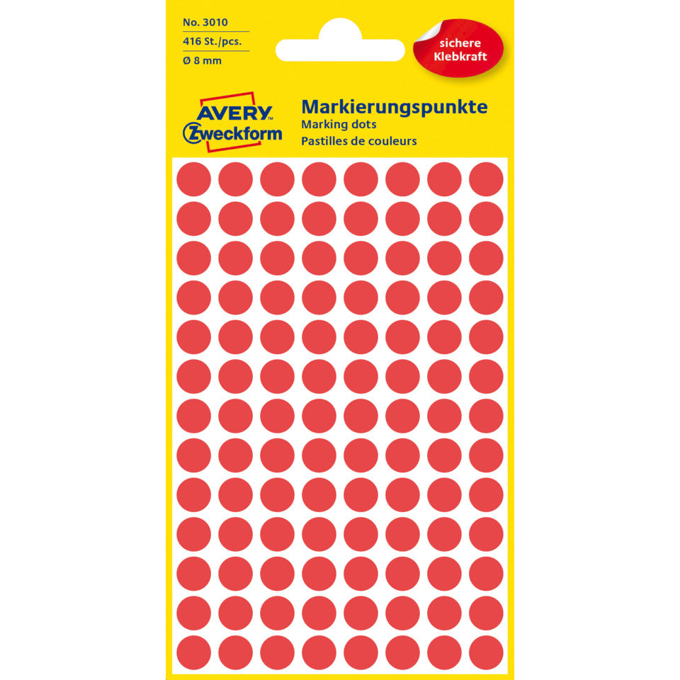 Markierungspunkte, Ø8mm, 416 Stück, rot AVERY ZWECKFORM 3010 ZWECKFORM 3010 permanent haftend