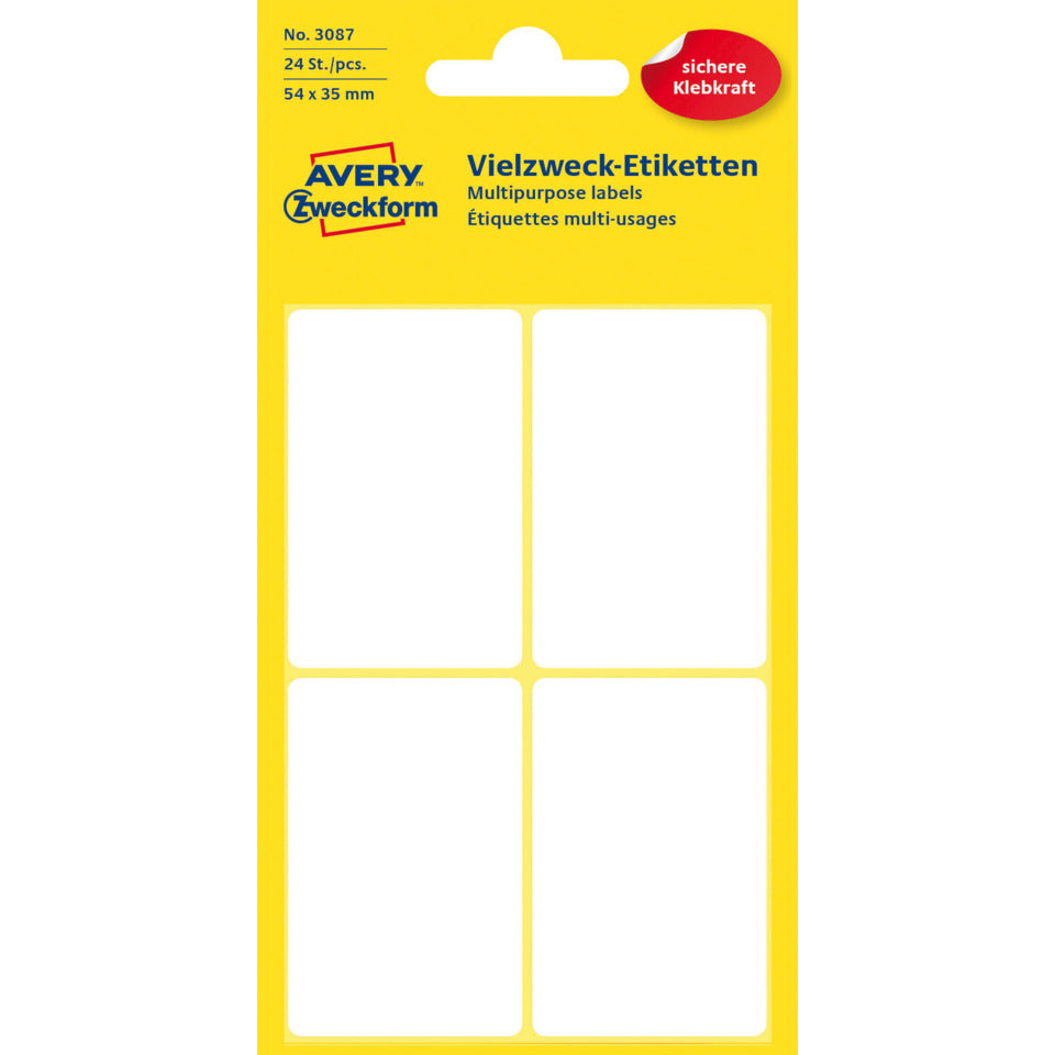 Vielzwecketiketten, 54x35mm, 24 Stück, weiß AVERY ZWECKFORM 3087