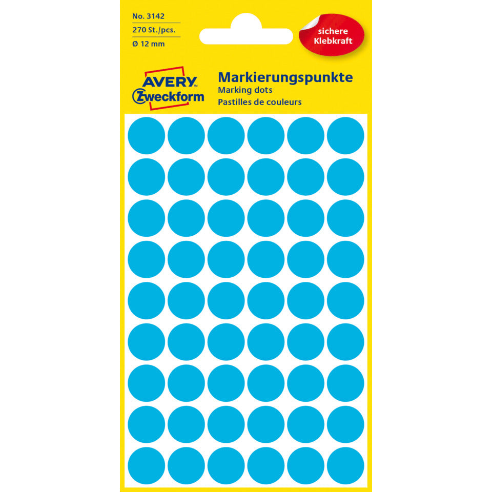 Markierungspunkte, Ø12mm, 270 Stück, blau AVERY ZWECKFORM 3142 ZWECKFORM 3142 permanent haftend