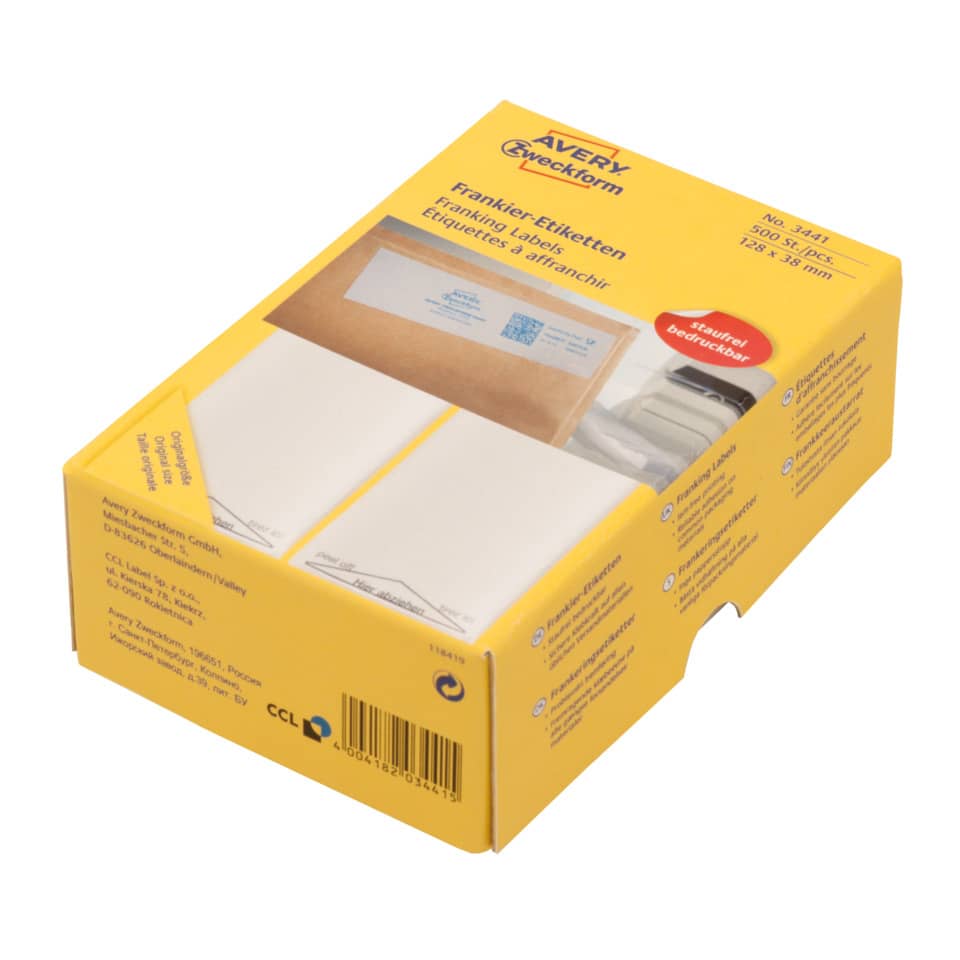 Frankieretiketten, 138x48mm, 500 Stück, weiß  ~ AVERY ZWECKFORM 3442 ZWECKFORM 3442 doppelt permanent