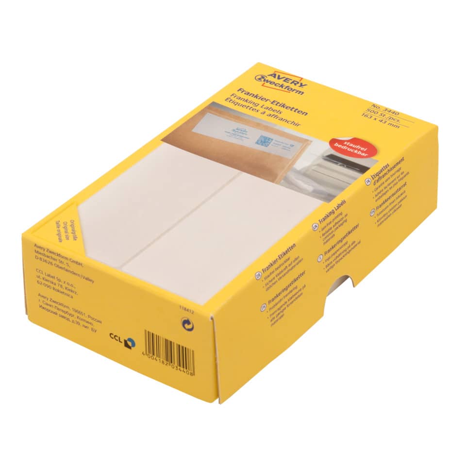 Frankieretiketten, 128x38mm, 500 Stück, weiß AVERY ZWECKFORM 3441 ZWECKFORM 3441 doppelt permanent