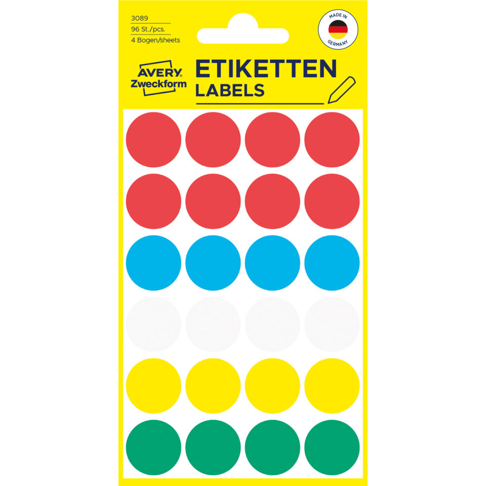 Markierungspunkte, Ø18mm, 96 Stück, sortiert AVERY ZWECKFORM 3089 ZWECKFORM 3089 permanent haftend