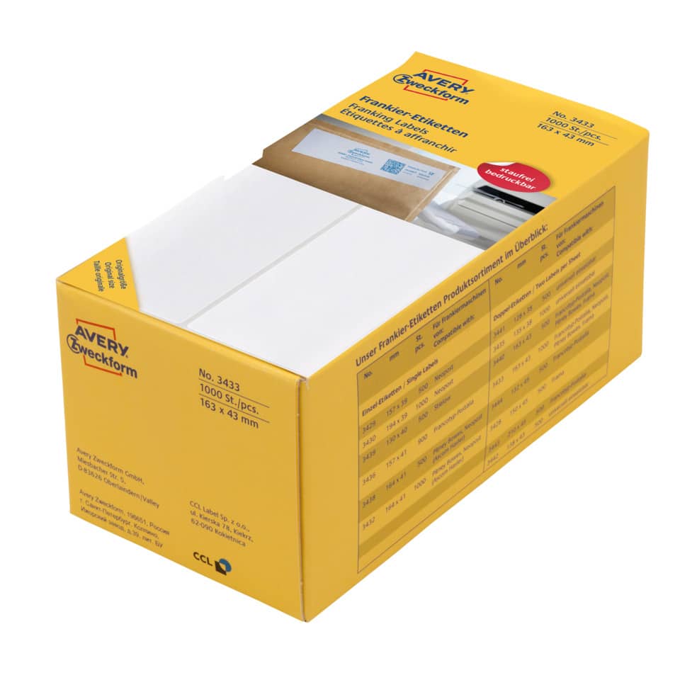 Frankieretiketten, 163x43mm, 1000 Stück, weiß AVERY ZWECKFORM 3433 ZWECKFORM 3433 doppelt permanent
