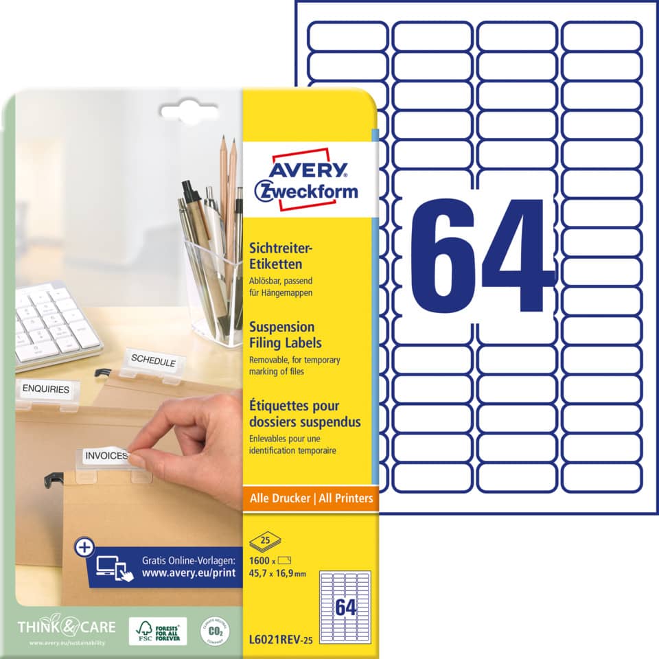 Sichtreiter-Etiketten, 45,7x16,9mm, 1600 Stück, weiß AVERY ZWECKFORM L6021REV-25 ZWECKFORM L6021REV-25 1600ST