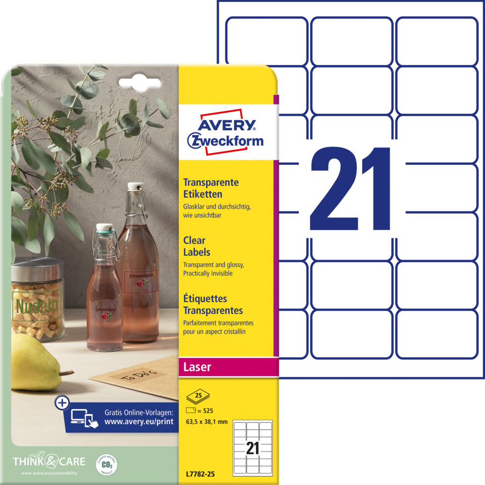 Transparente Etiketten, 63,5x38,1mm, 525 Stück, transparent AVERY ZWECKFORM L7782-25 ZWECKFORM L7782-25   525St