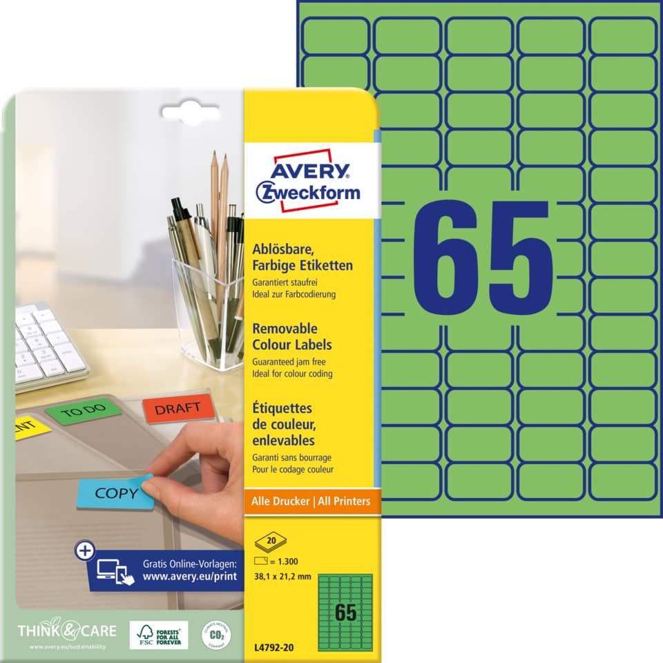 Etiketten farbig ablösbar, 38x21,2mm, 1300 Stück, grün AVERY ZWECKFORM L4792-20 ZWECKFORM L4792-20  1300St