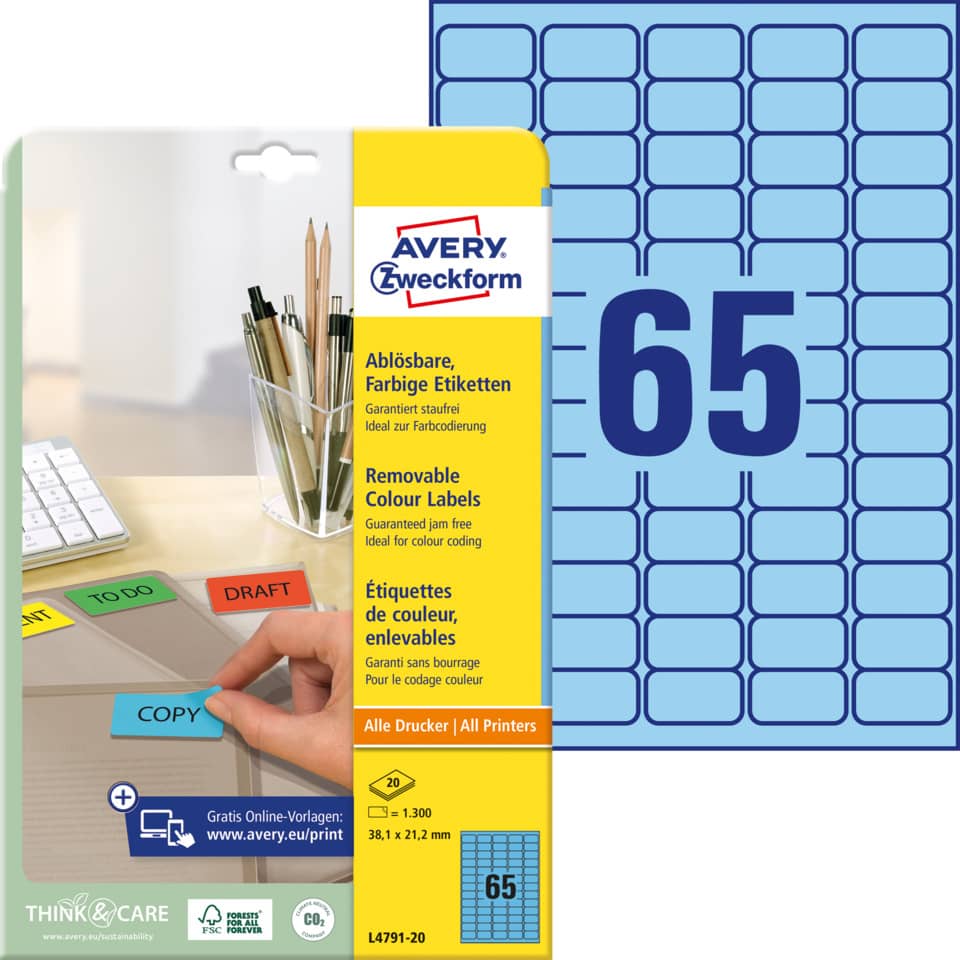 Etiketten farbig ablösbar, 38x21,2mm, 1300 Stück, blau AVERY ZWECKFORM L4791-20 ZWECKFORM L4791-20  1300St