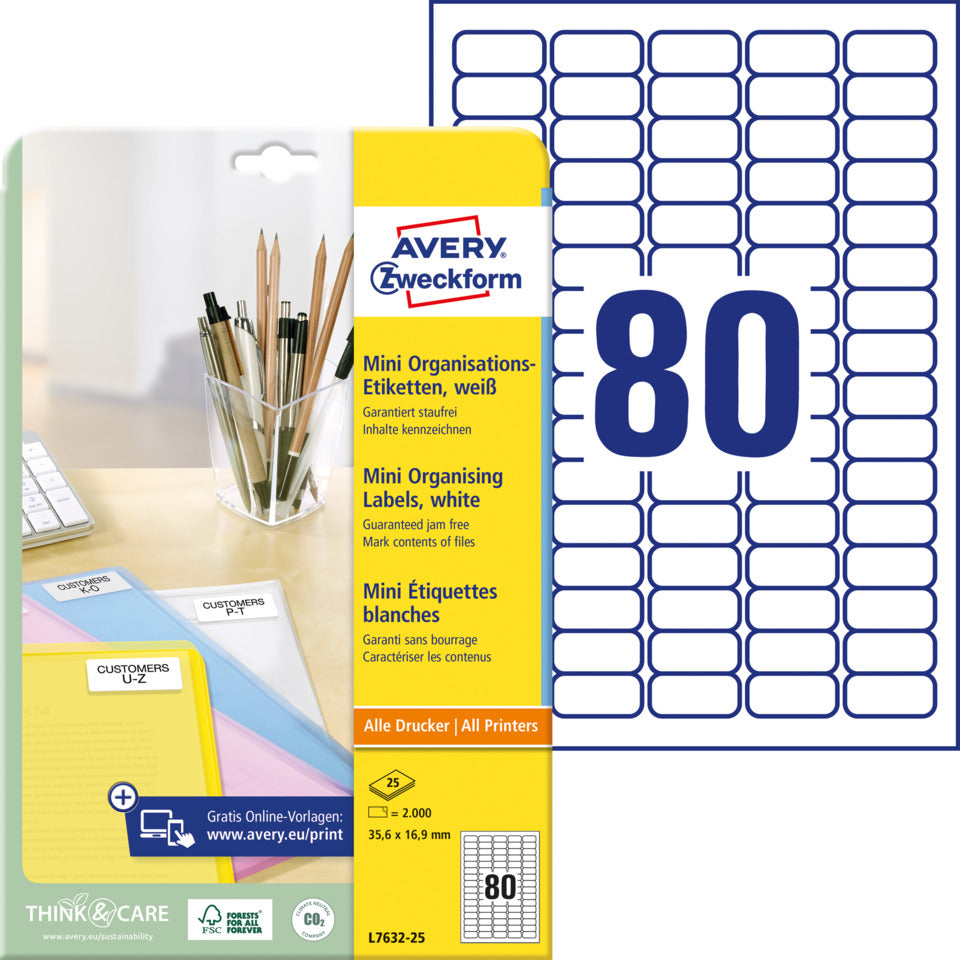 Mini-Organisations-Etiketten, 35,6 x 16,9 mm, 2.000 Stück, weiß AVERY ZWECKFORM L7632-25 ZWECKFORM L7632-25  2000St