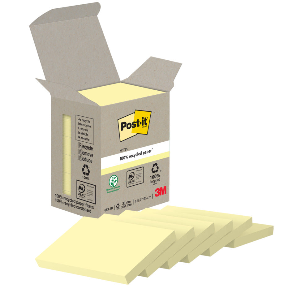 Haftnotizblock Recycling Notes, 38x51mm, 6x100 Blatt, gelb POST-IT 653-1B POST-IT 653-1B UWF 100Bl 6St