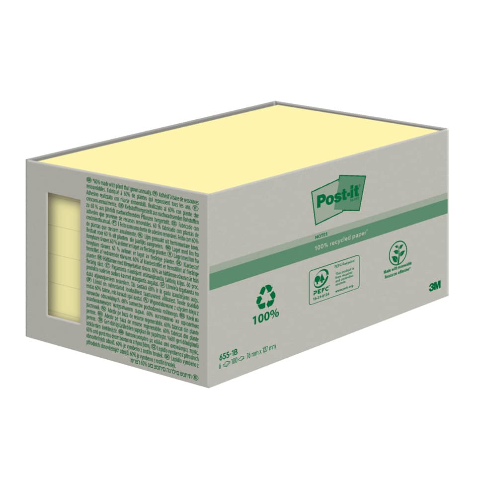 Haftnotizblock Recycling Notes, 127x76mm, 6x100 Blatt, gelb POST-IT 655-1B POST-IT 655-1B UWF 100Bl 6St