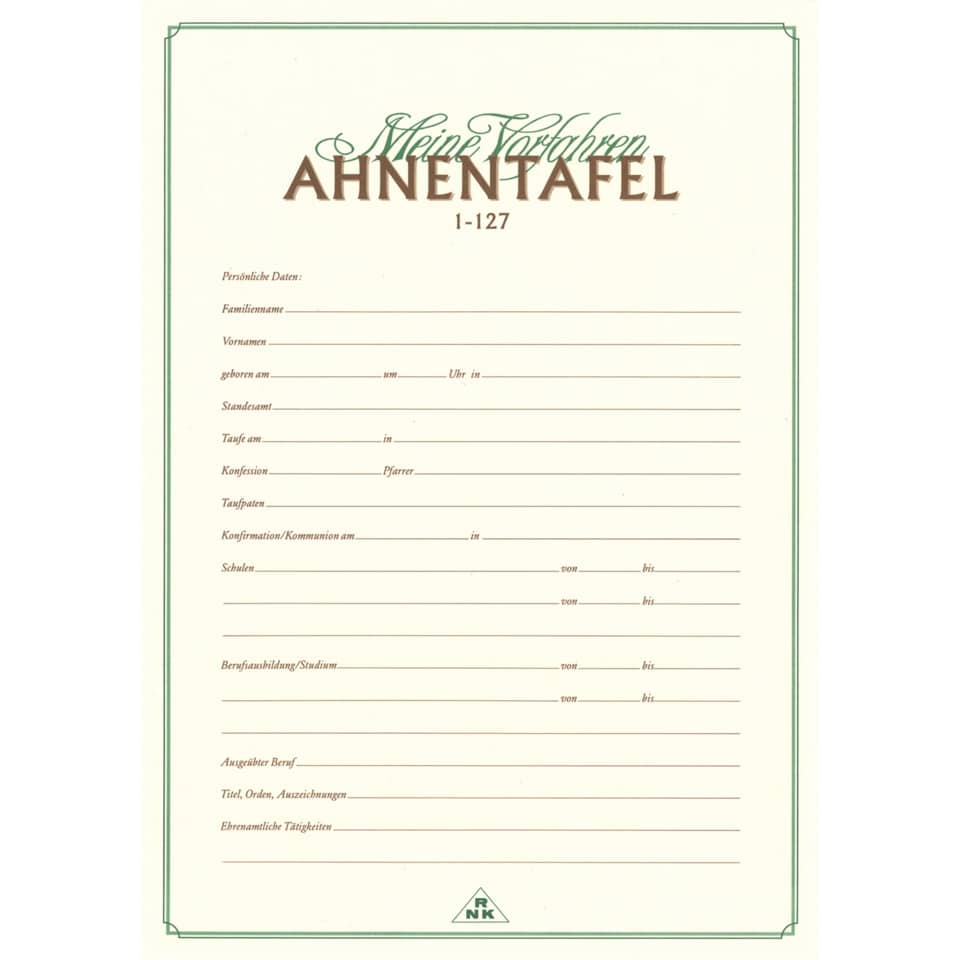 Ahnentafel 1-127 - 7 Generationen, A2 gefalzt auf A4, Urkundenpapier RNK 2801