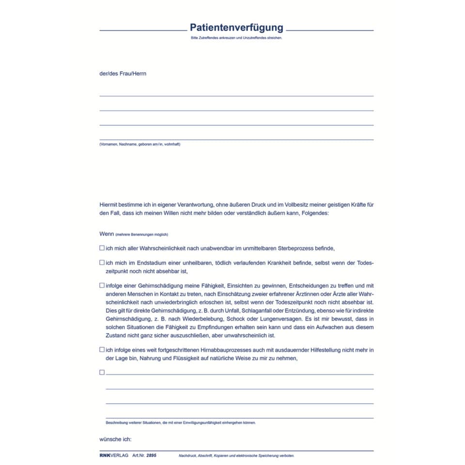 Patientenverfügung mit Betreuungsverfügung und Vorsorgevollmacht - 220 x 162 mm RNK 2895