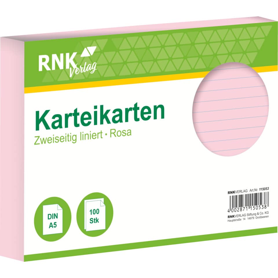 Karteikarte, A5, 170g/m², liniert, 100 Stück, rosa RNK 115053 RNK 115053 liniert