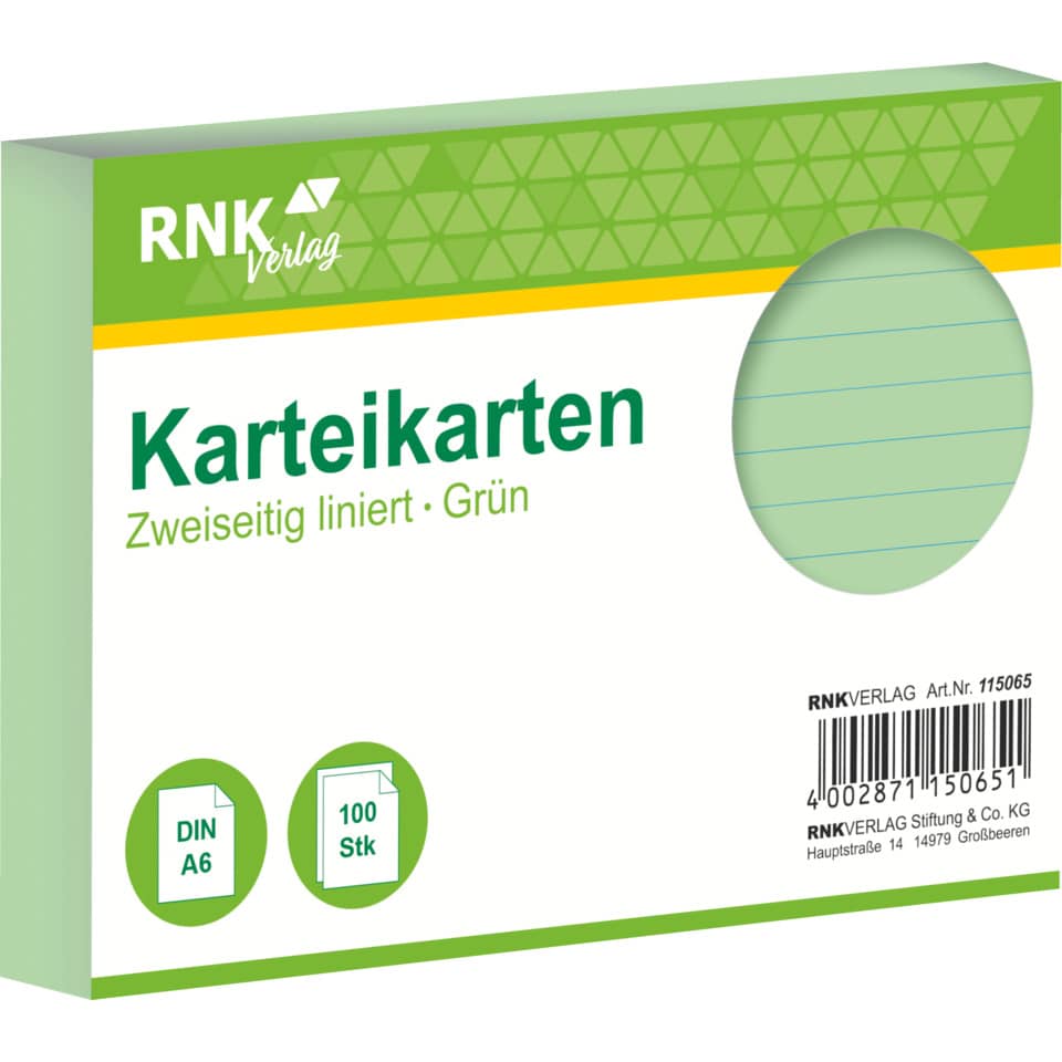 Karteikarte, A6, 170g/m², liniert, 100 Stück, grün RNK 115065 RNK 115065 liniert