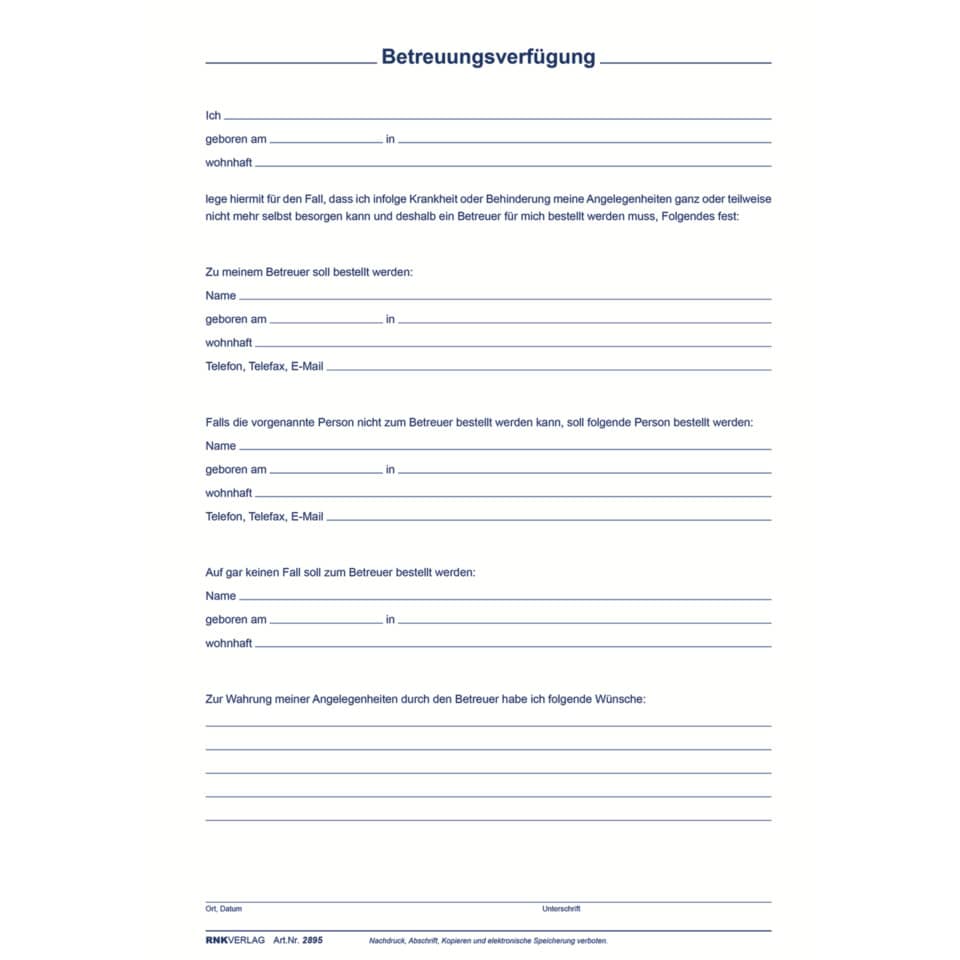 Patientenverfügung mit Betreuungsverfügung und Vorsorgevollmacht - 220 x 162 mm RNK 2895