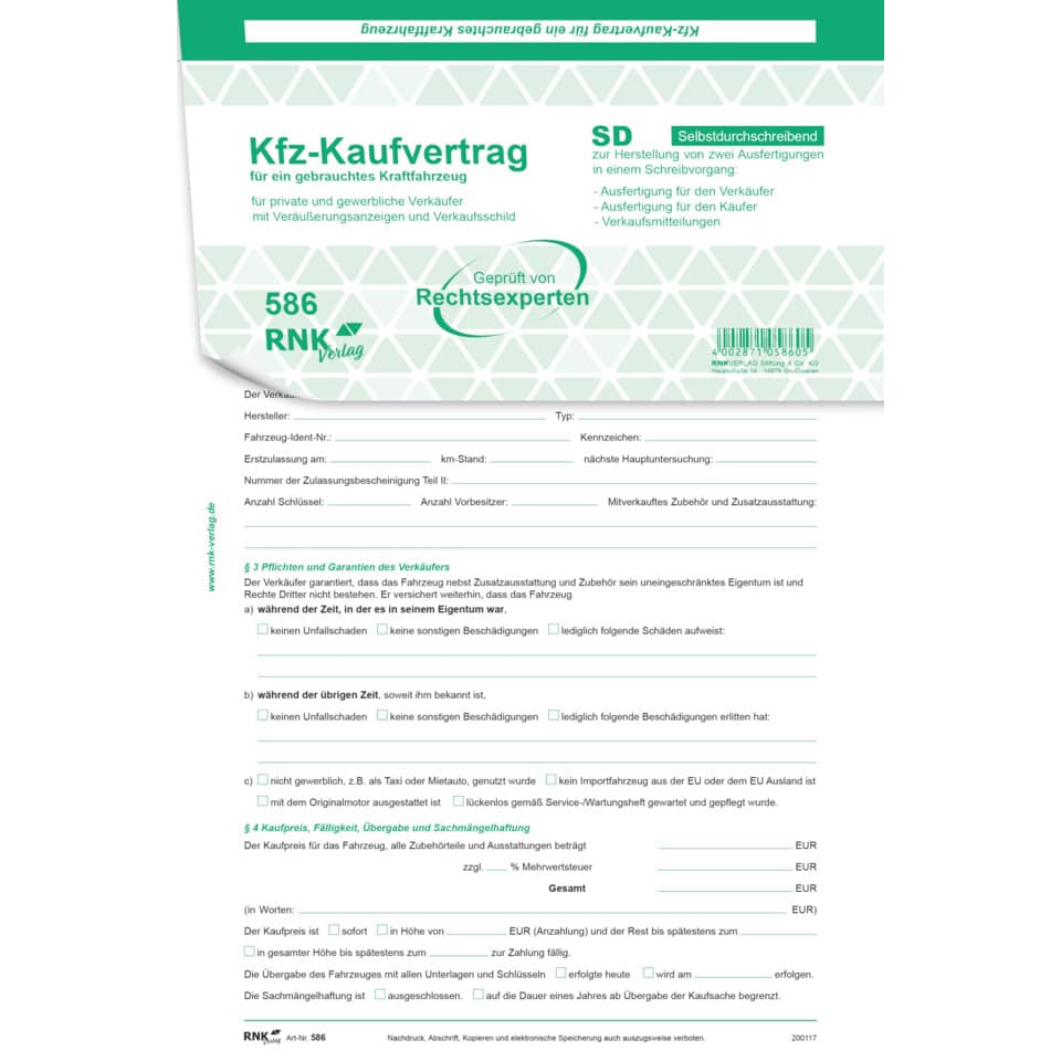 Kaufvertrag für ein gebrauchtes Kraftfahrzeug, SD, DIN A4, 210 x 297 mm, 6 Blatt RNK 586 RNK 586 SD 6Bl