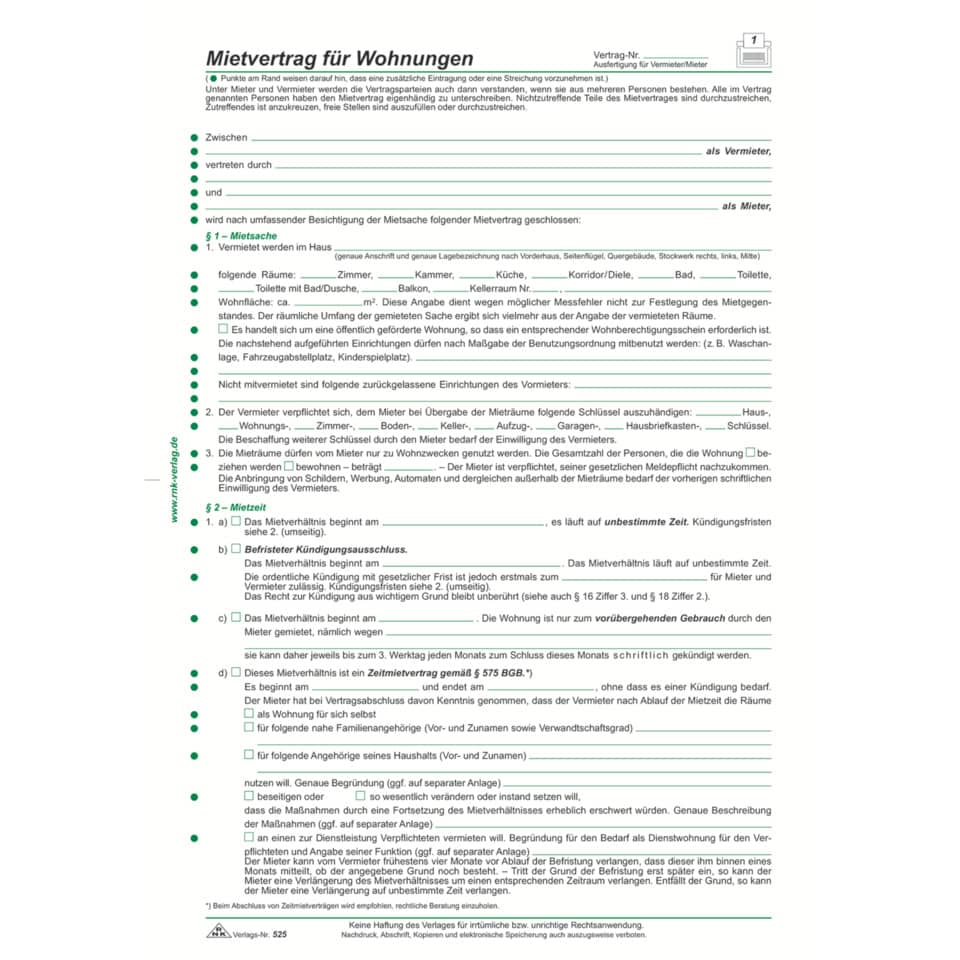 Mietvertrag für Wohnungen - ausführlich, DIN A4 RNK 525 RNK 525 6 teilig