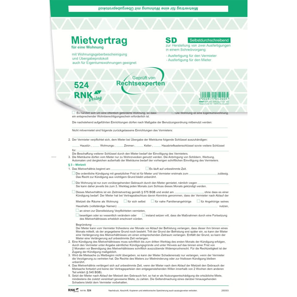 Mietvertrag Universal DIN A4 SD mit Übergabeprotokoll 4x2 Blatt RNK 524 RNK 524 SD Universal