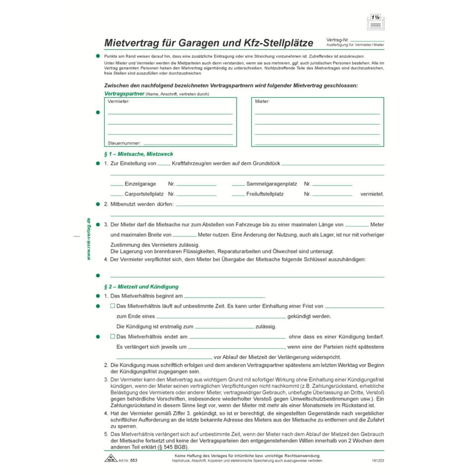 Mietvertrag für Garagen und Kfz-Stellplätze, 4 Seiten, DIN A4, 10 Stück RNK 553/10 RNK 553/10 Pg10Bl