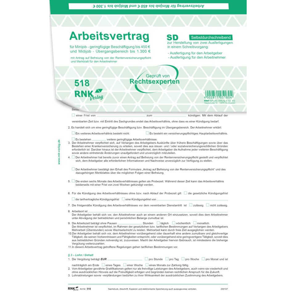 Arbeitsvertrag für geringfügig und Teilzeit-Beschäftigte, selbstdurchschreibend RNK 518 RNK 518 Geringf.Beschäftigung