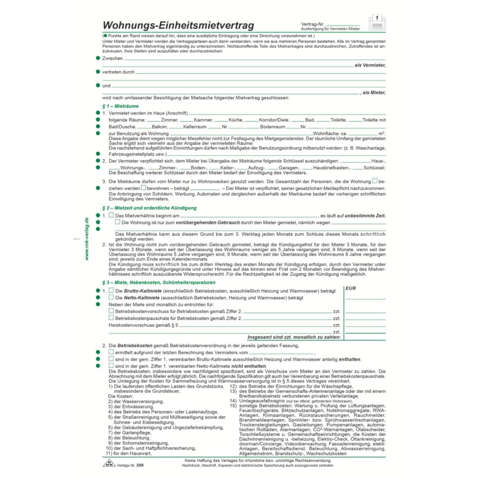 Wohnungs-Einheitsmietvertrag 4 Seiten, gefalzt auf DIN A4 + Wohnungsgeberbesch. RNK 599 RNK 599 Einheitsmietvertrag