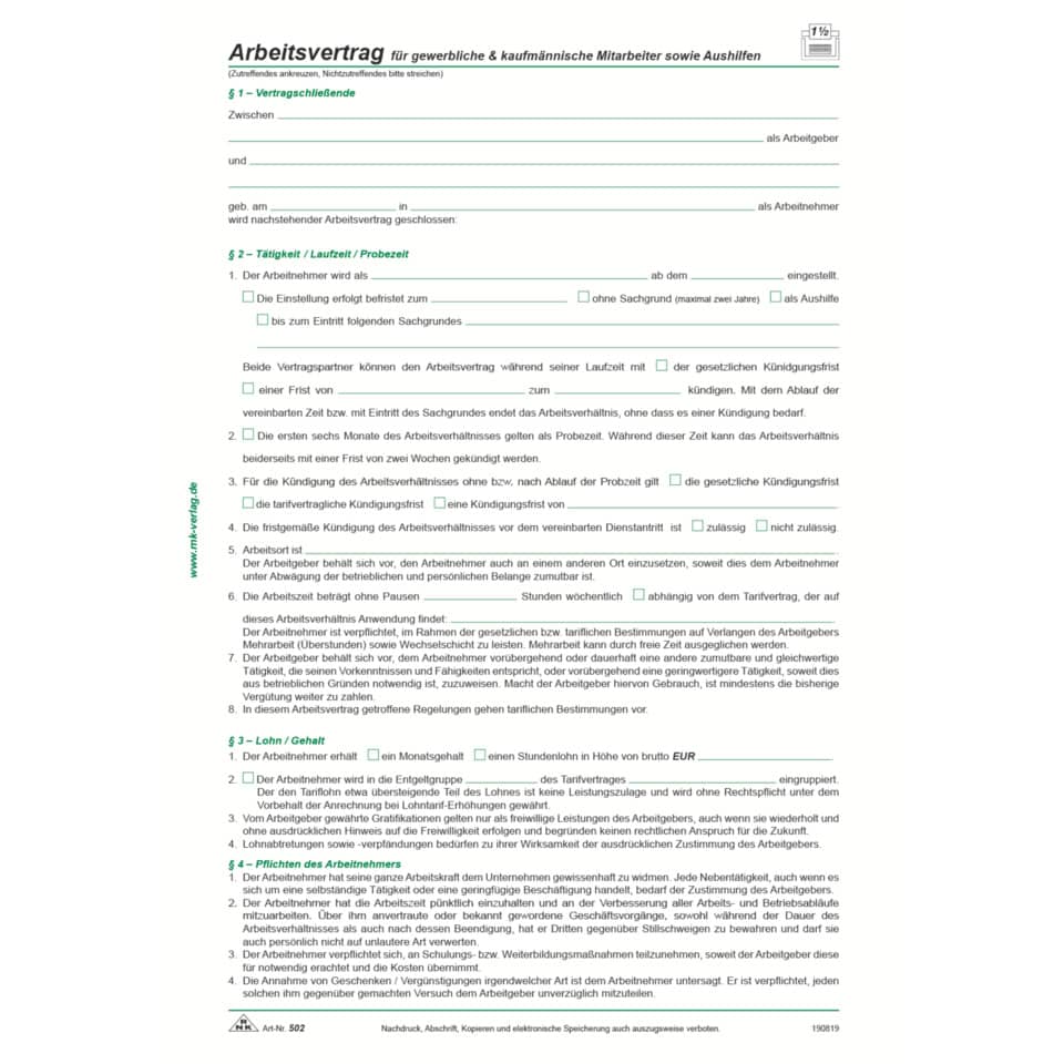 Arbeitsvertrag für gewerbl. & kaufm. Mitarbeiter sowie Aushilfen, A4 RNK 502 RNK 502 gewerbl. + kaufm. Arbeitnehmer