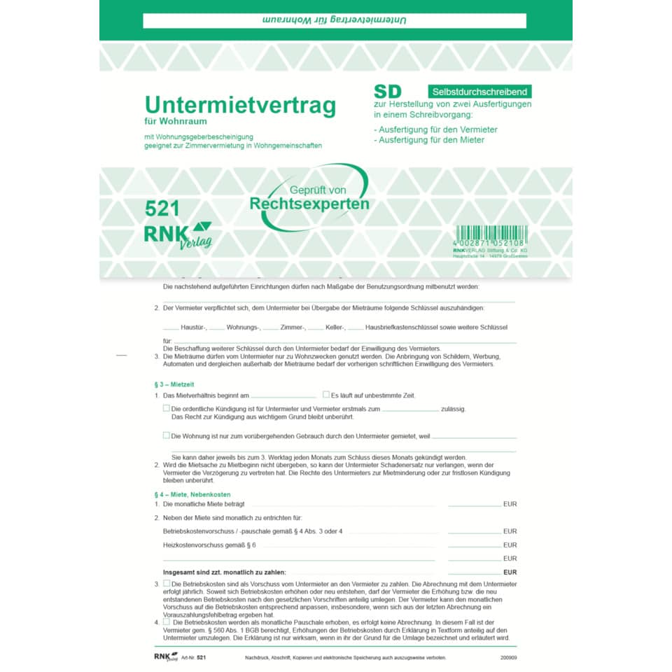 Untermietvertrag für Wohnräume - SD, 2 x 2 Blatt, DIN A4 RNK 521 RNK 521 A4 2x2Seiten